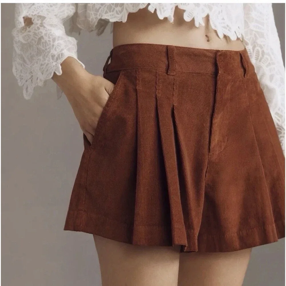 NWT Anthropologie Pilcro Women's Size 28 Corduroy Pleated Skirty Shorts Brown - Picture 3 of 10